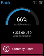 Banking app on smartwatch: available funds precentage screen and last transaction amount