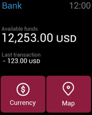 Banking app on smartwatch: available funds screen
