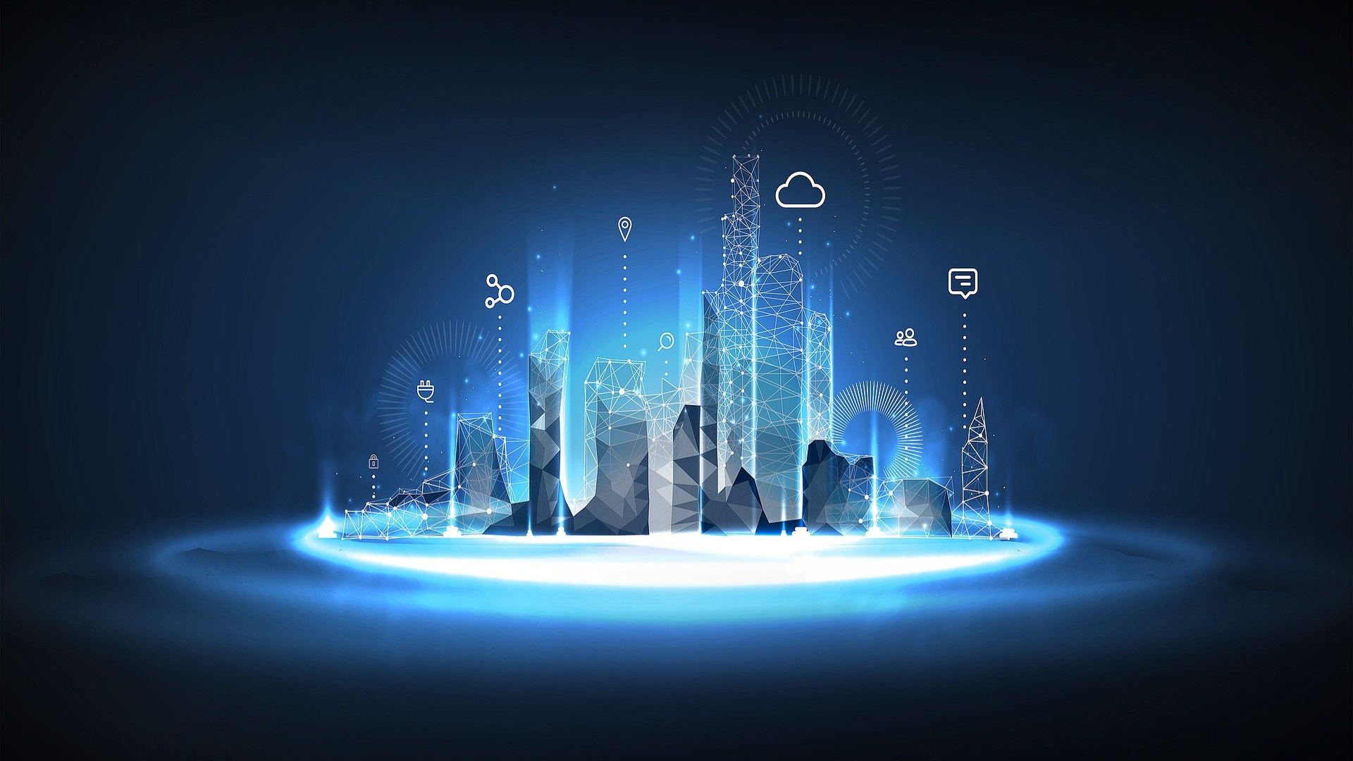 Abstract art, showcasing data in the form of bars, and icons representing different technologies